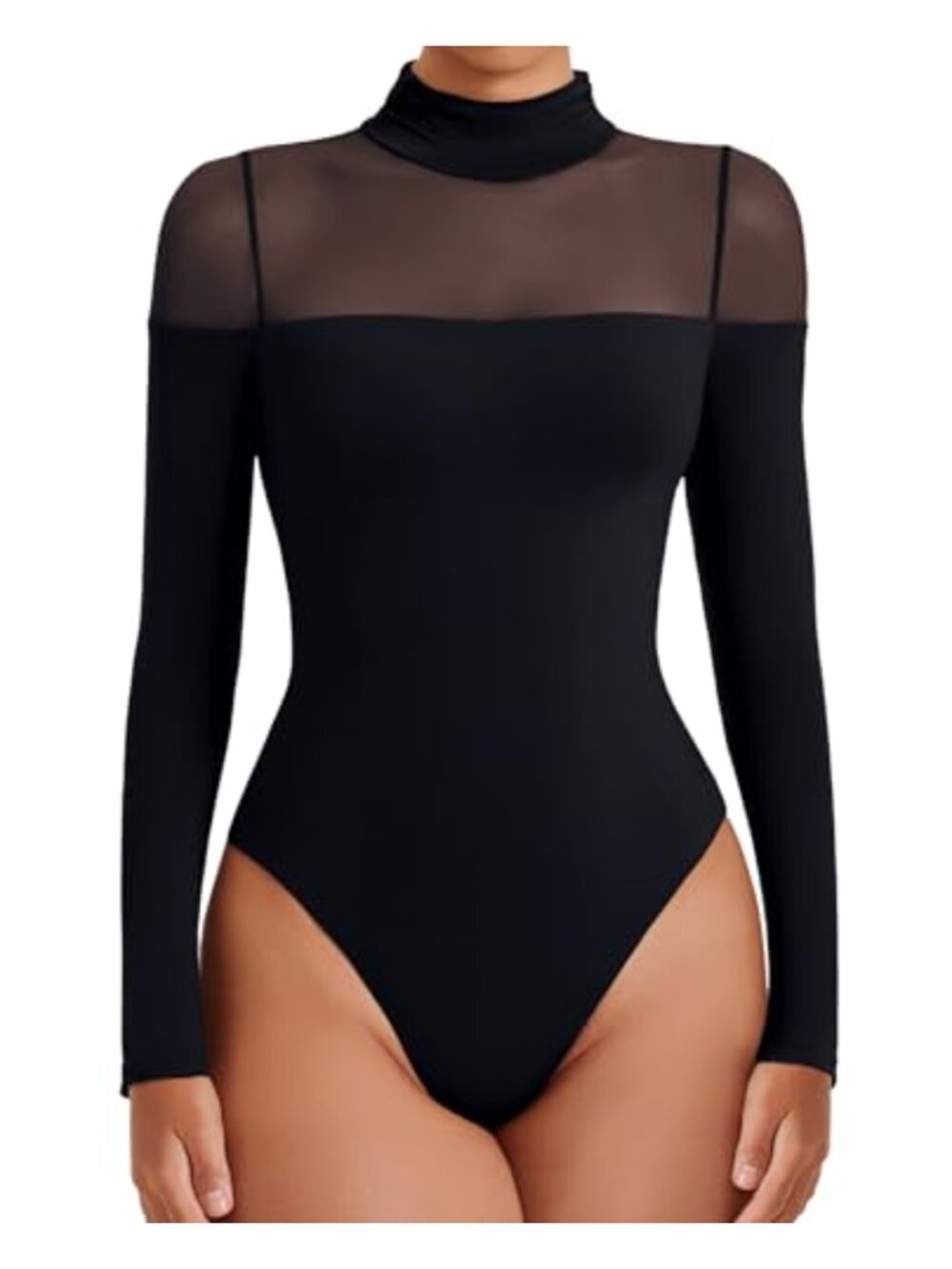 Long Sleeve Turtleneck Mesh Thong Bodysuit One Piece Leotard Top